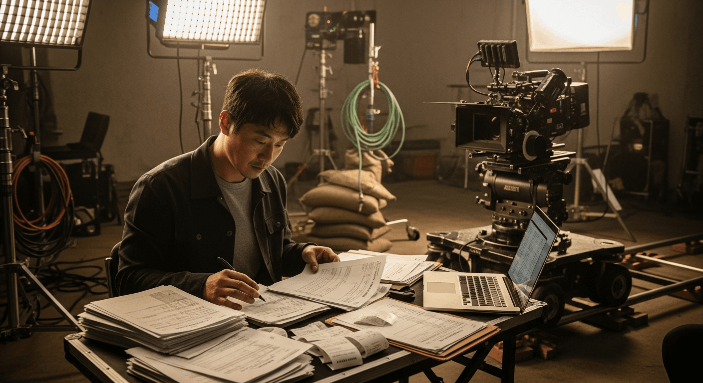 영화 제작 현장에서 스태프가 수입 관련 서류를 검토하는 장면