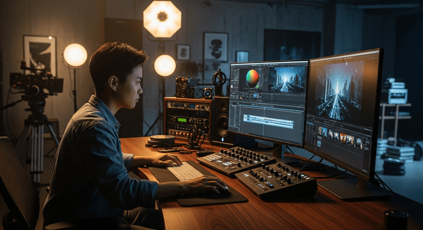 AI 영상 제작 도구를 활용해 작업 중인 영상 크리에이터