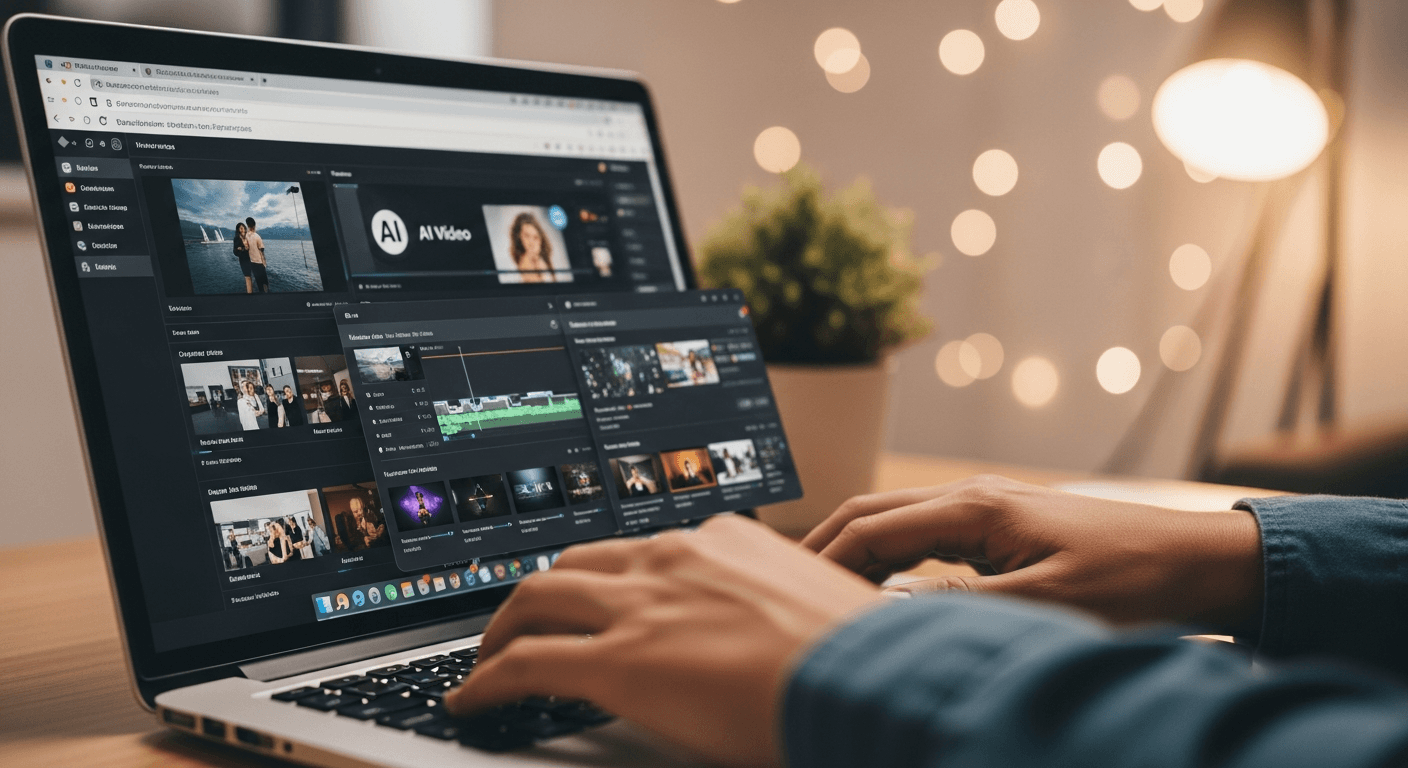 다양한 AI 영상 제작 도구 인터페이스를 탐색하는 영상 작업자