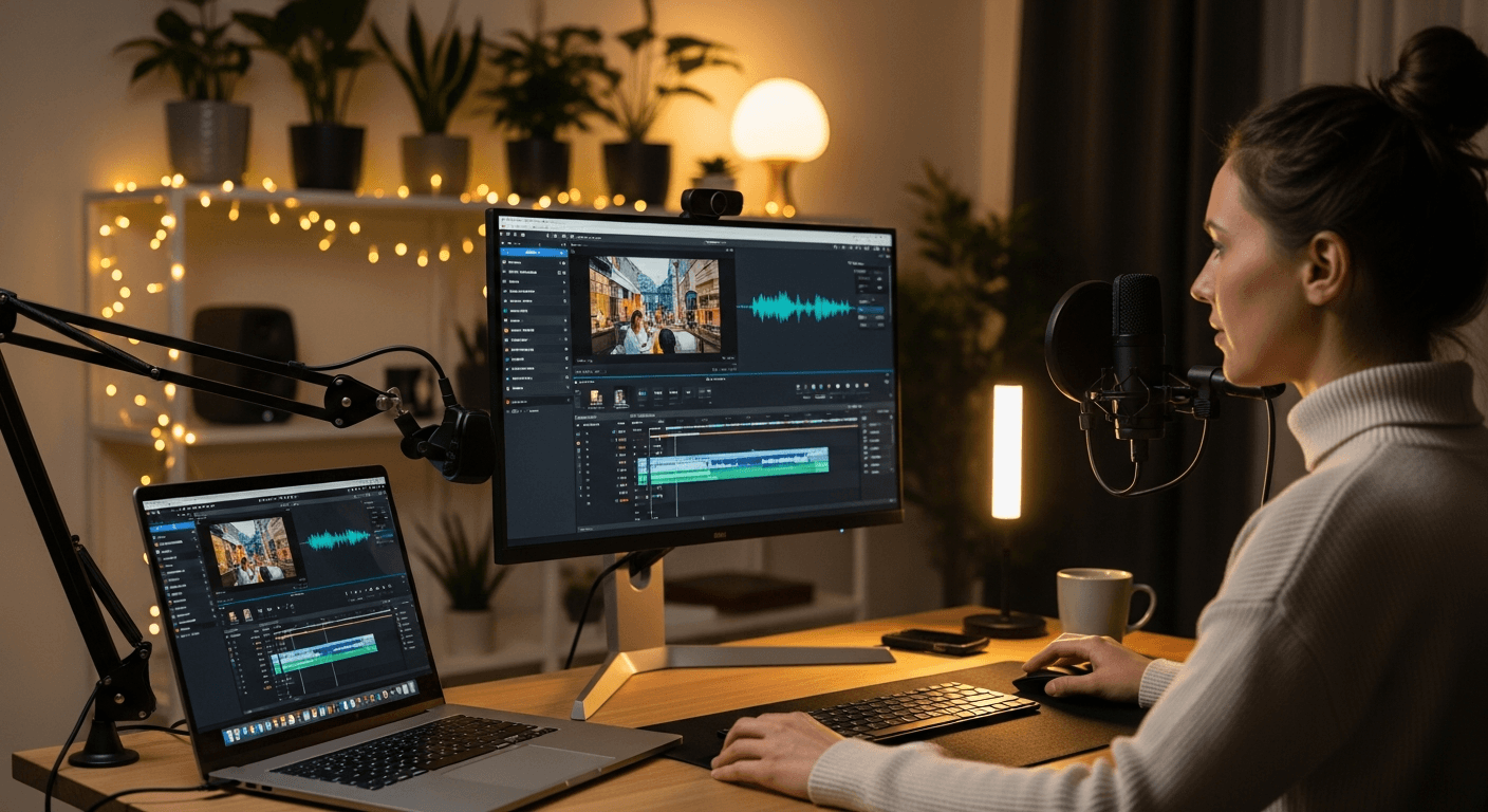 영상 업계 인디 크리에이터가 소규모 스튜디오에서 AI 도구로 작업하는 장면