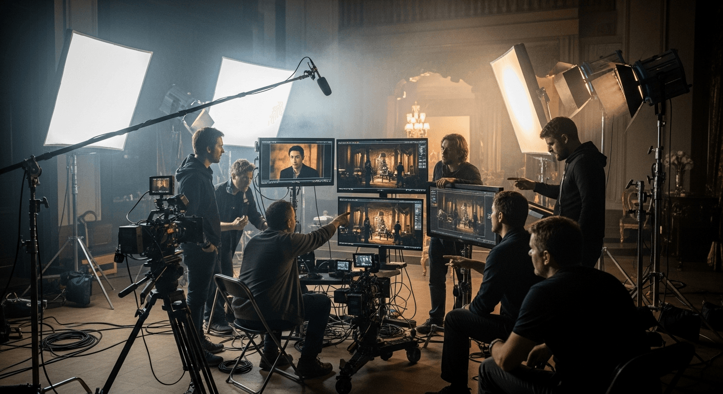 OTT 드라마 촬영 현장에서 모니터 앞에 모여 협업하는 영상 스태프들