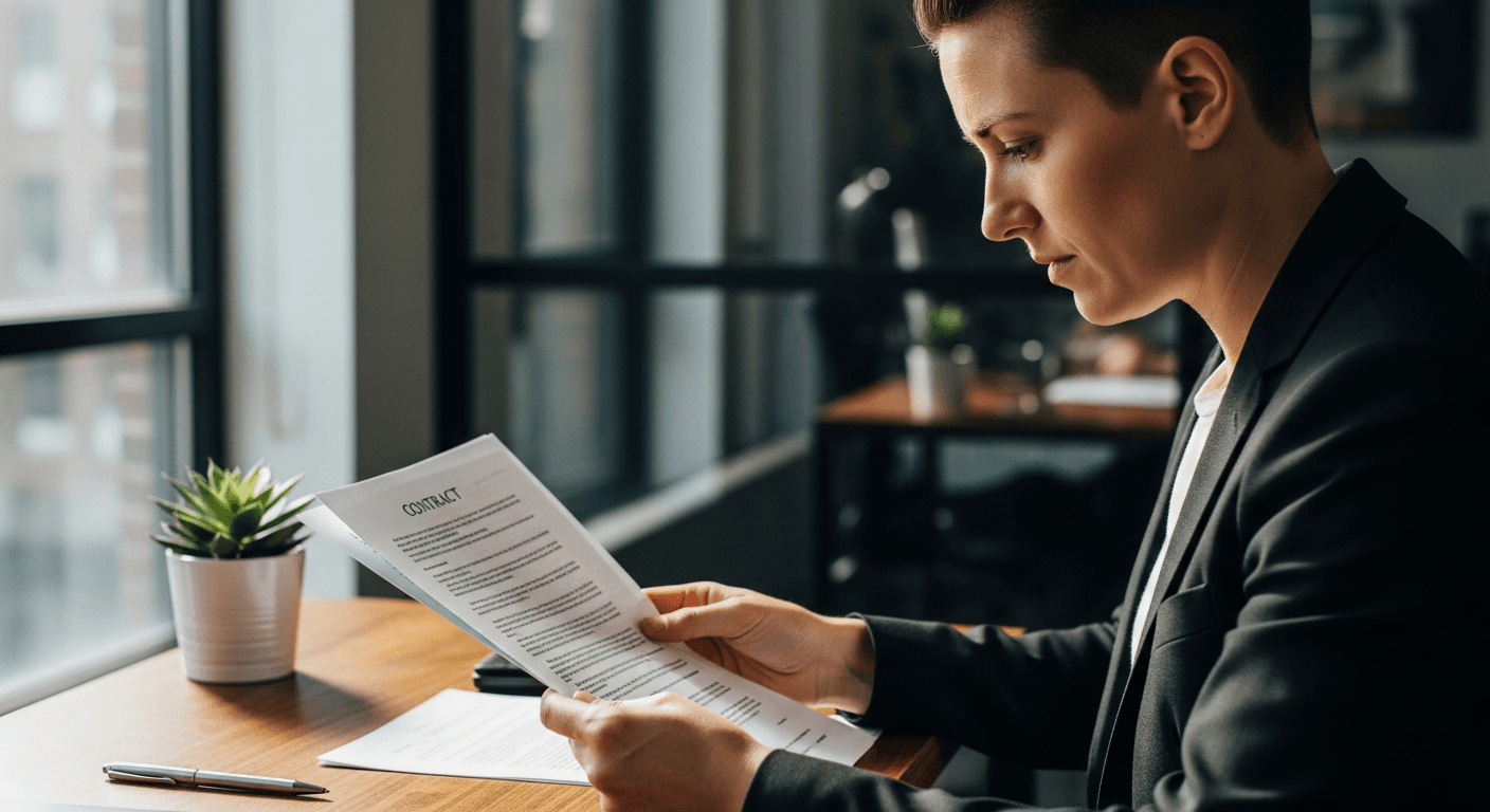 계약서를 꼼꼼히 검토하는 영화 스태프의 모습