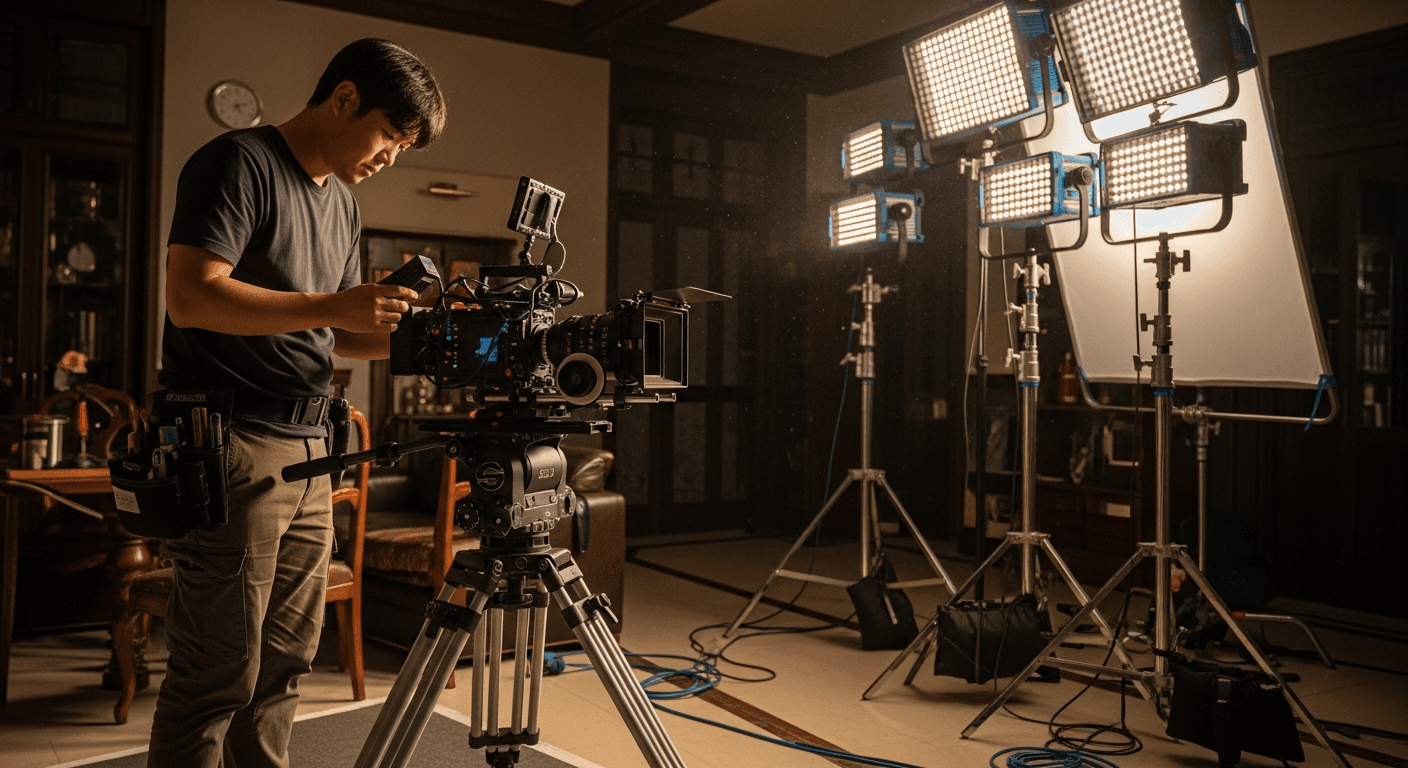 OTT 드라마 제작 현장에서 촬영 장비를 설치하는 기술 스태프