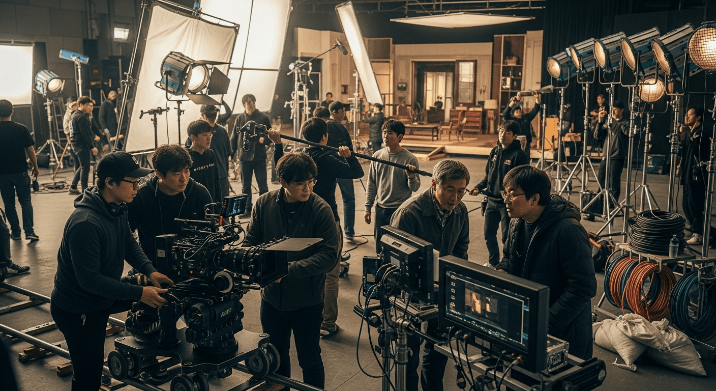 영화 촬영 현장에서 크루 전체가 함께 작업하는 모습
