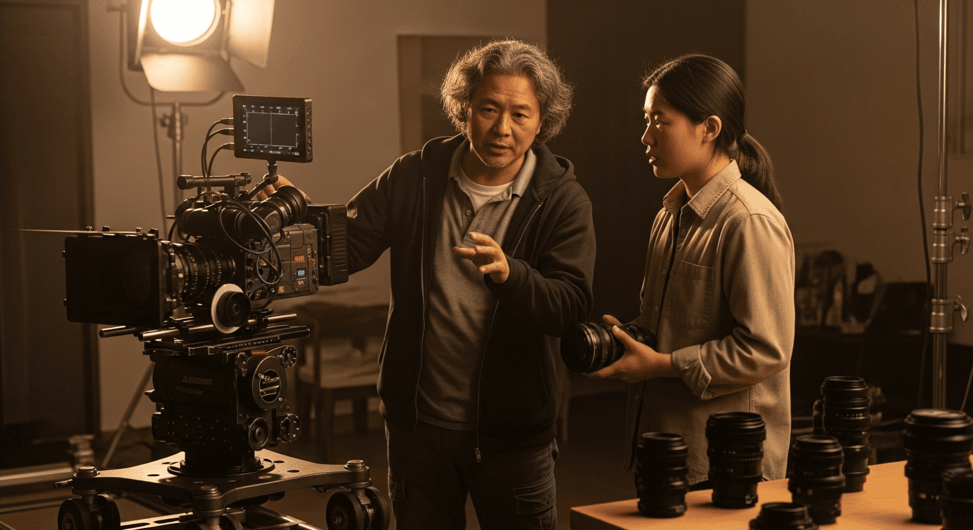 선배 촬영감독이 신입 스태프에게 카메라 렌즈를 설명하는 현장 멘토십 장면