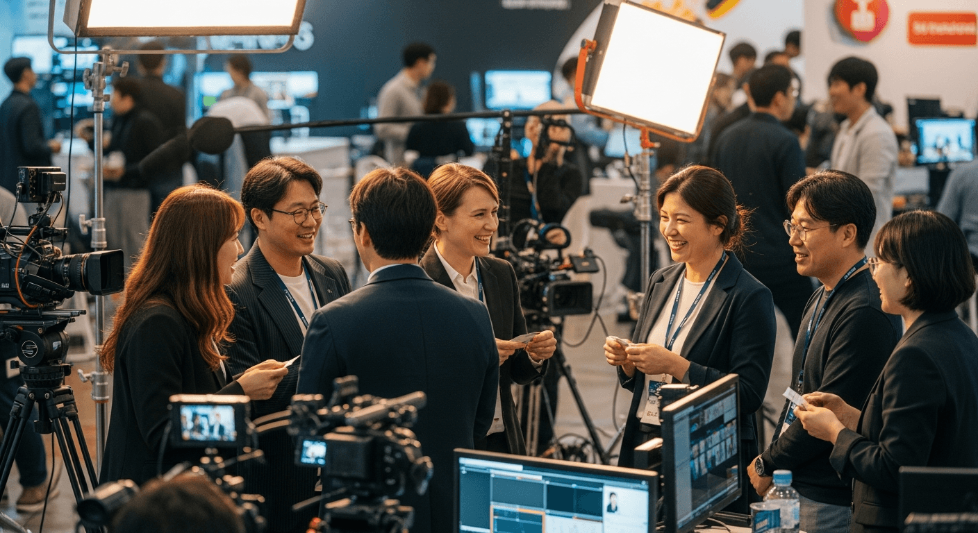 영화와 드라마 현장을 오가며 커리어를 쌓는 영화 스태프들의 네트워킹 장면