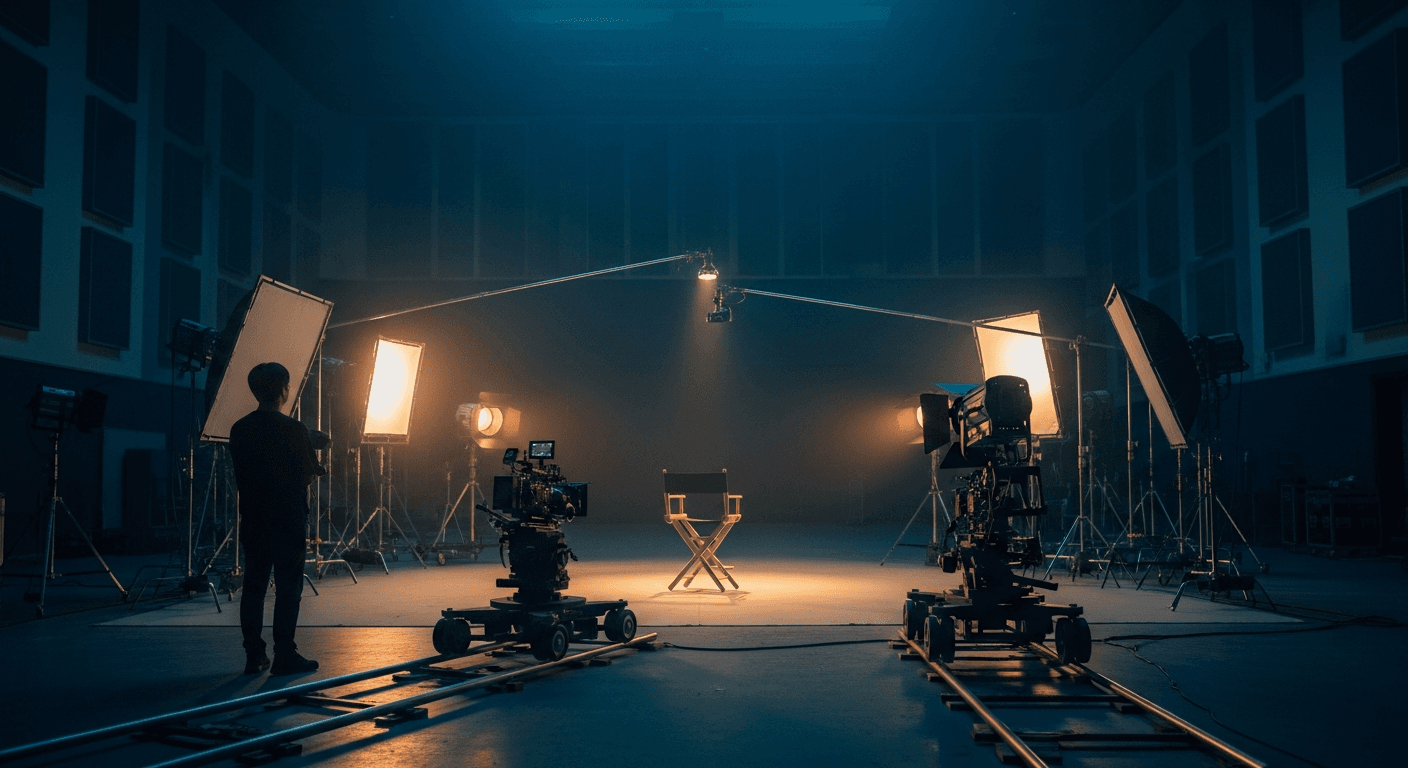 한국 영화 촬영 현장, 어둡게 정리된 조명과 카메라 장비 앞에 서 있는 스태프의 실루엣