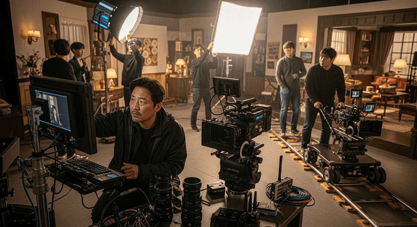 OTT 드라마 세트장에서 모니터 앞에 앉아 영상을 확인하는 스태프