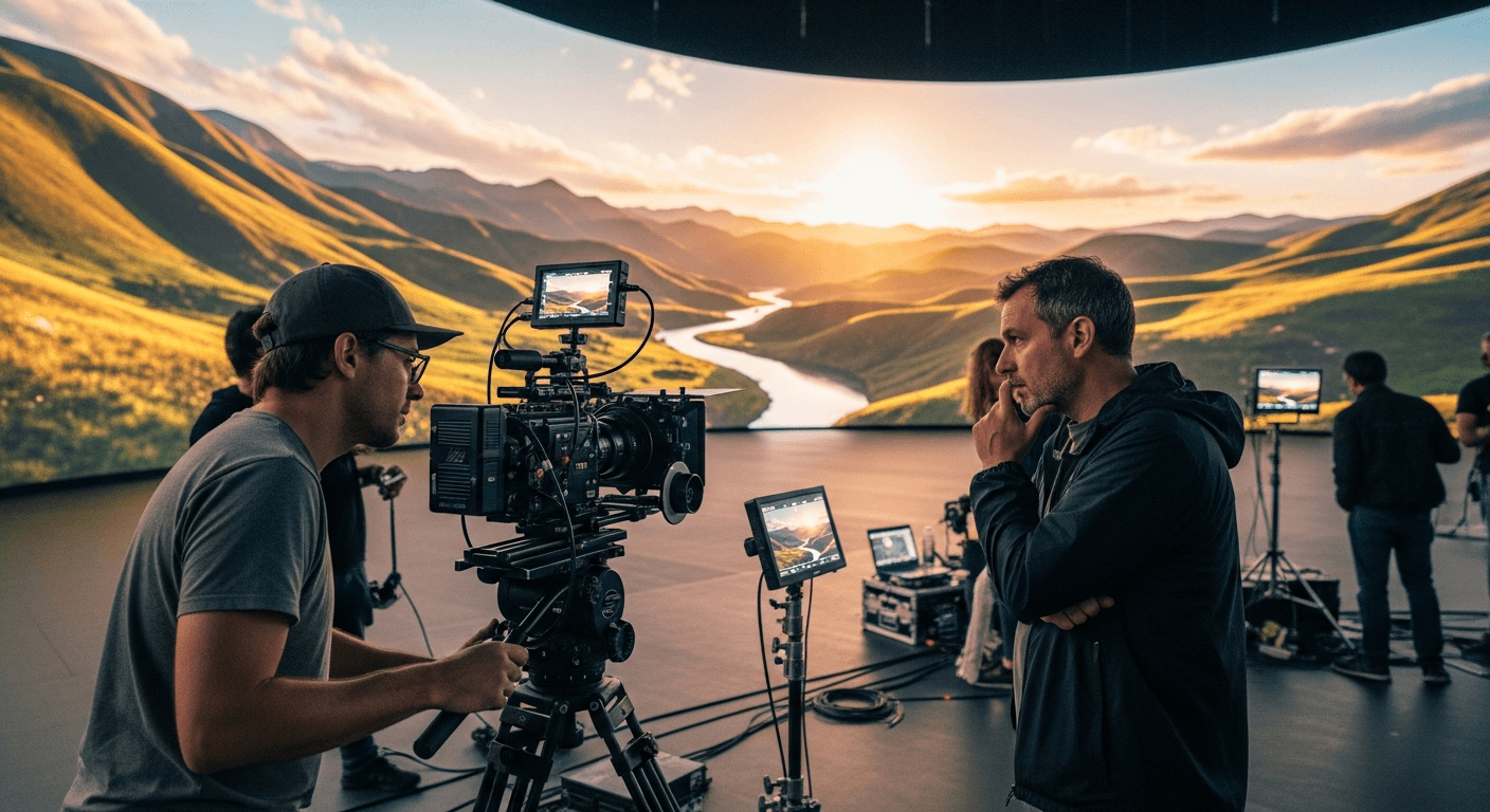 LED 볼륨 스테이지에서 실시간 렌더링 화면을 확인하며 버추얼 프로덕션 작업을 진행하는 스태프