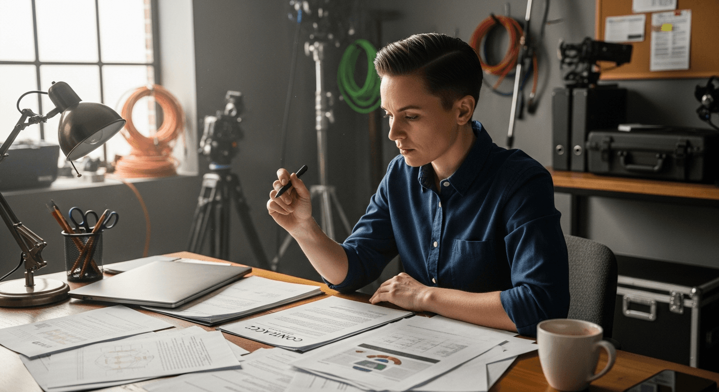 영화 스태프가 계약서를 검토하는 모습, 제작 사무실 환경