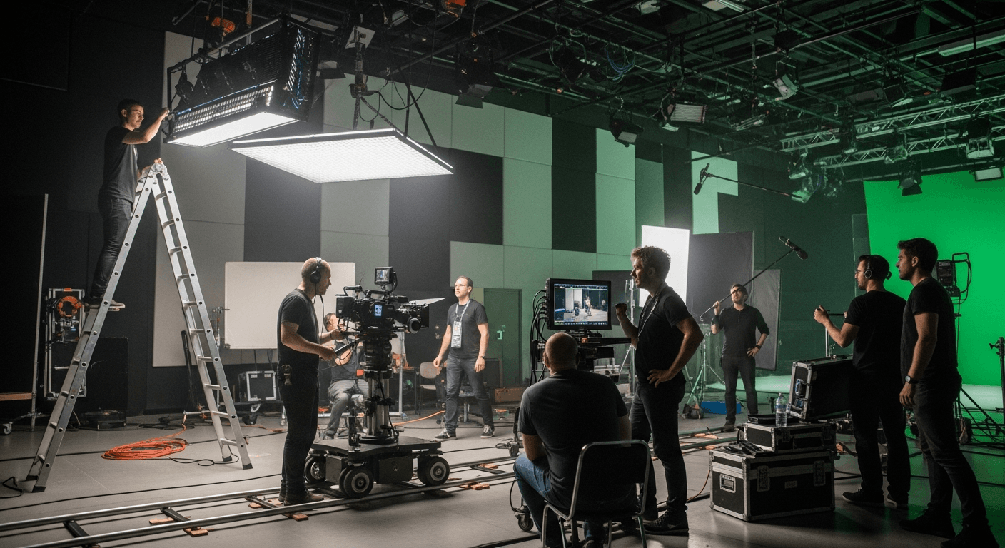 OTT 드라마 촬영 현장의 조명 스태프와 카메라 장비