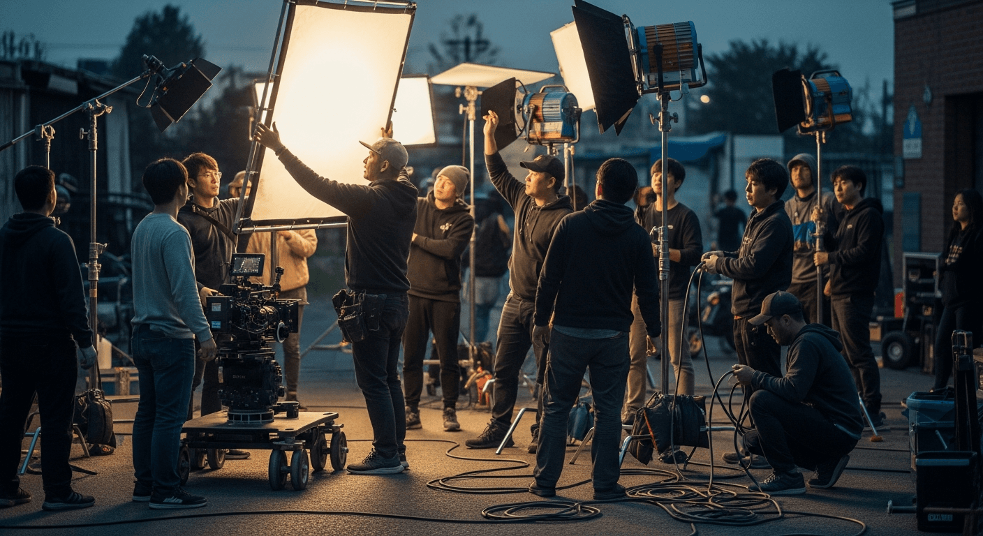 영화 촬영 현장에서 조명과 카메라 장비를 세팅 중인 영화 스태프들