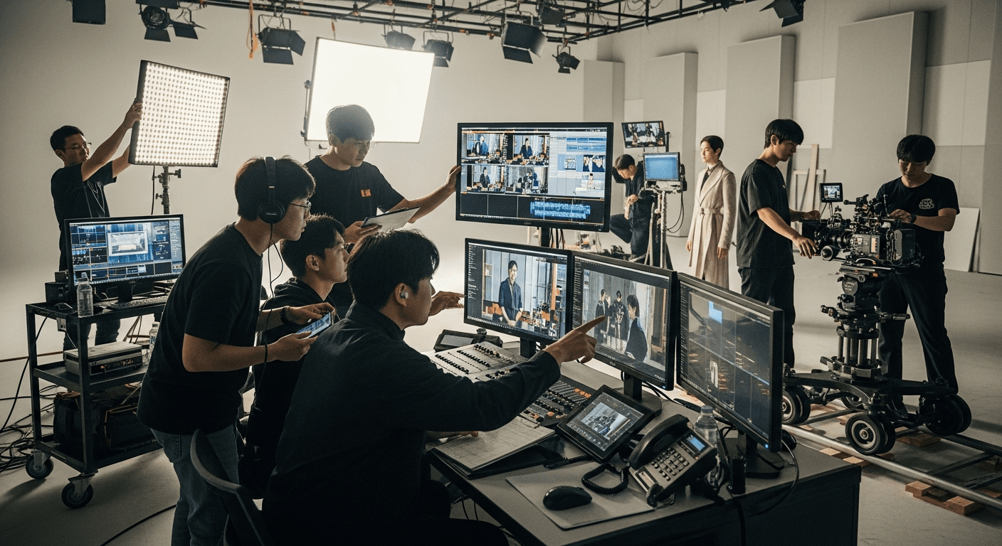 OTT 드라마 촬영 현장에서 모니터를 보며 작업 중인 스태프들
