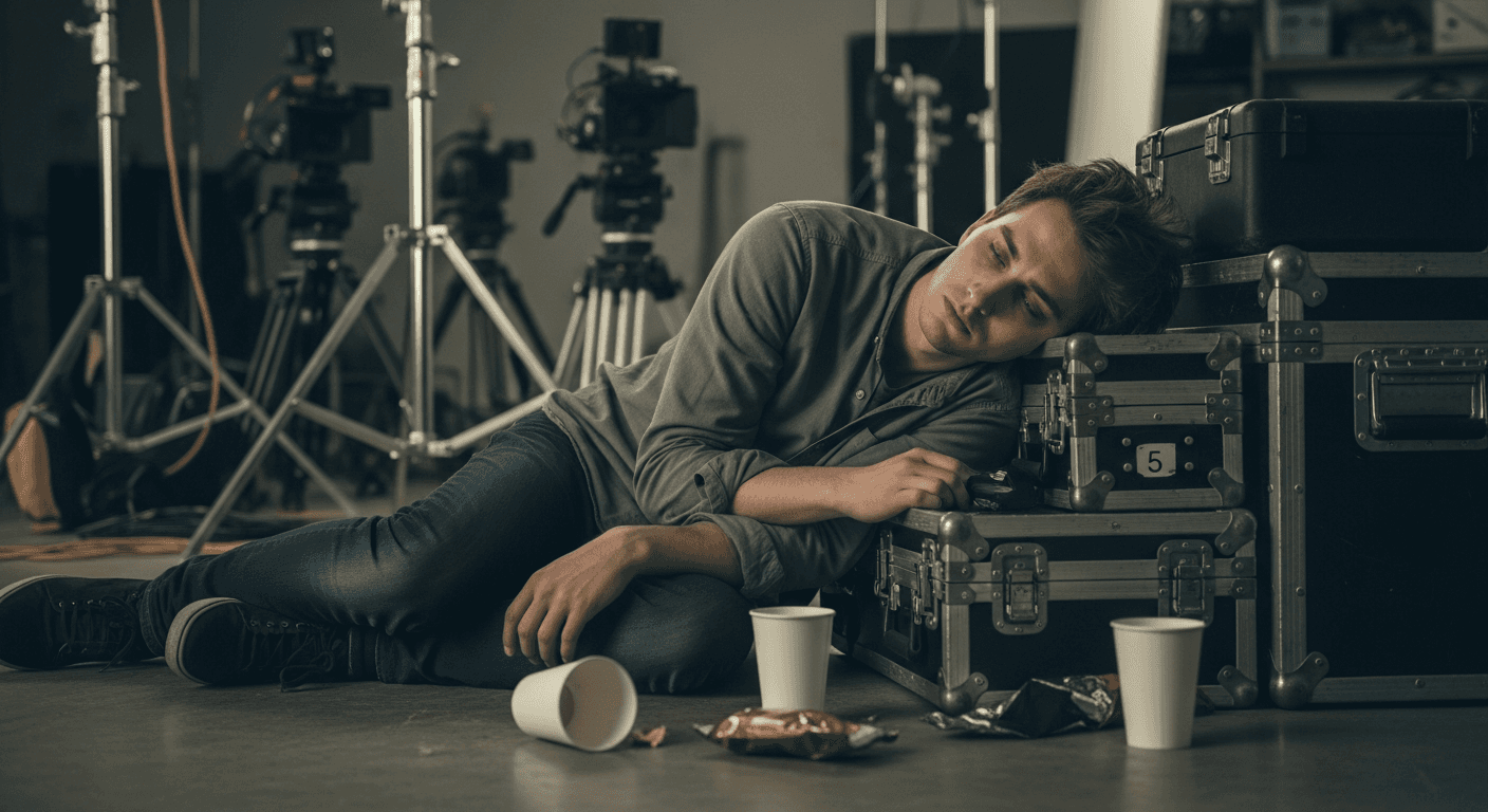 장시간 촬영 현장에서 지쳐 쉬고 있는 영화 스태프의 모습