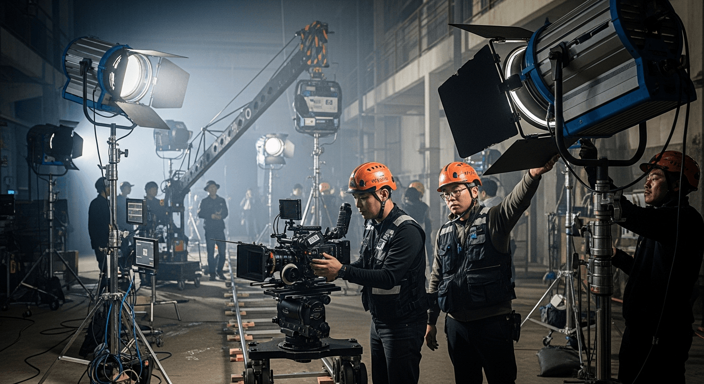 영화 촬영 현장의 스태프와 안전 장비