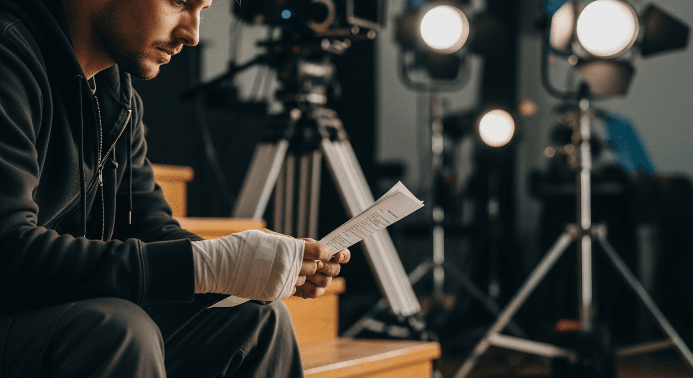 부상당한 영화 스태프가 서류를 검토하는 모습