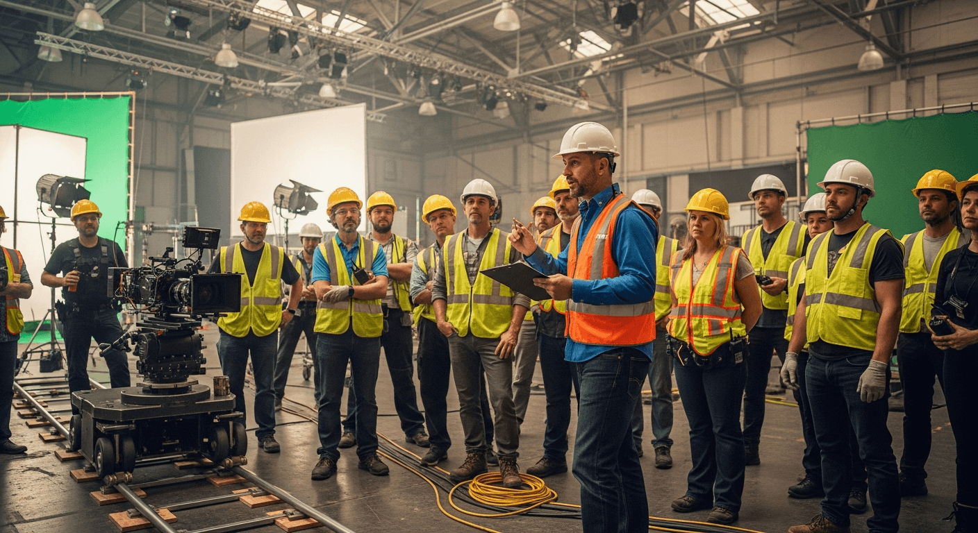 안전감독관이 촬영 현장에서 스태프에게 안전 교육을 하는 장면