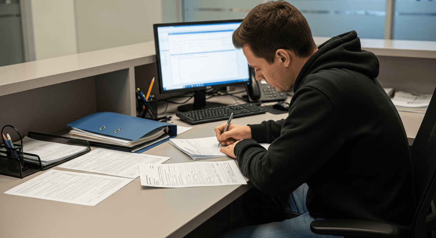 영화 스태프가 공식 서류를 작성하는 모습