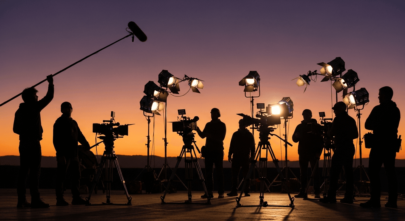 OTT 드라마 촬영 현장의 스태프들과 카메라·조명 장비 실루엣