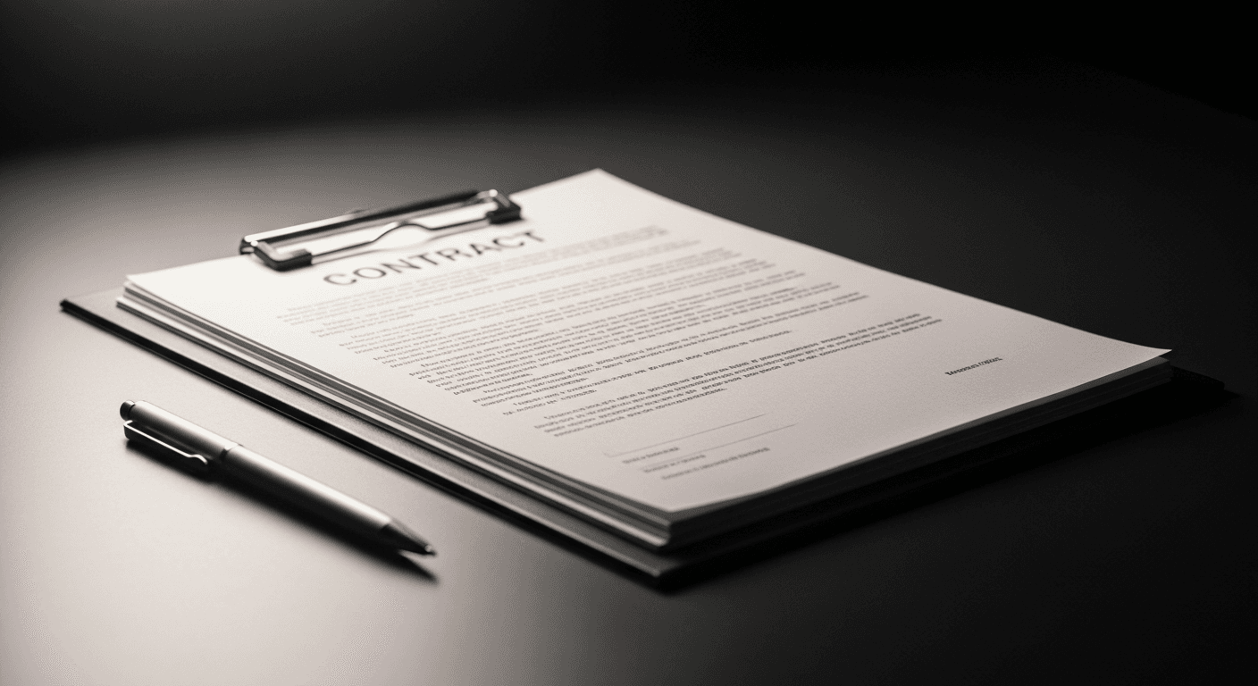 클립보드와 서류 위로 비치는 조명, 계약서 점검 장면