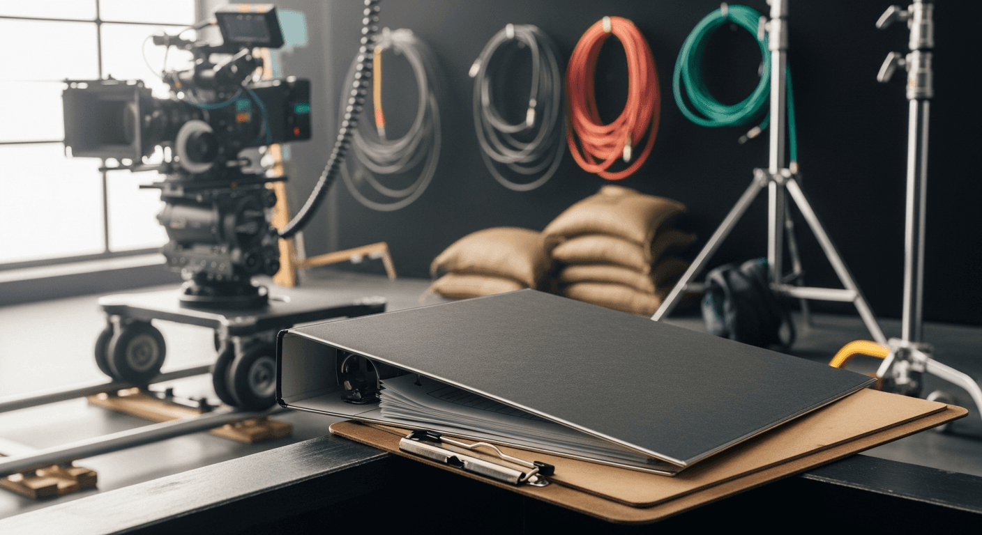 촬영장 한쪽의 문서 파일과 클립보드 — 표준계약서 확인 장면