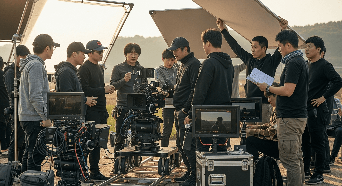 한국 영화 촬영 현장에서 협업 중인 스태프들
