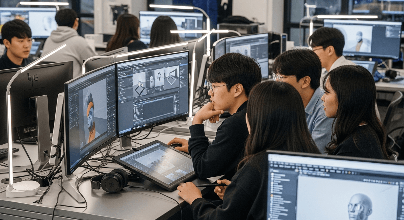 AI·VFX 융합 교육 환경에서 실습 중인 한국 영상 전공 학생들