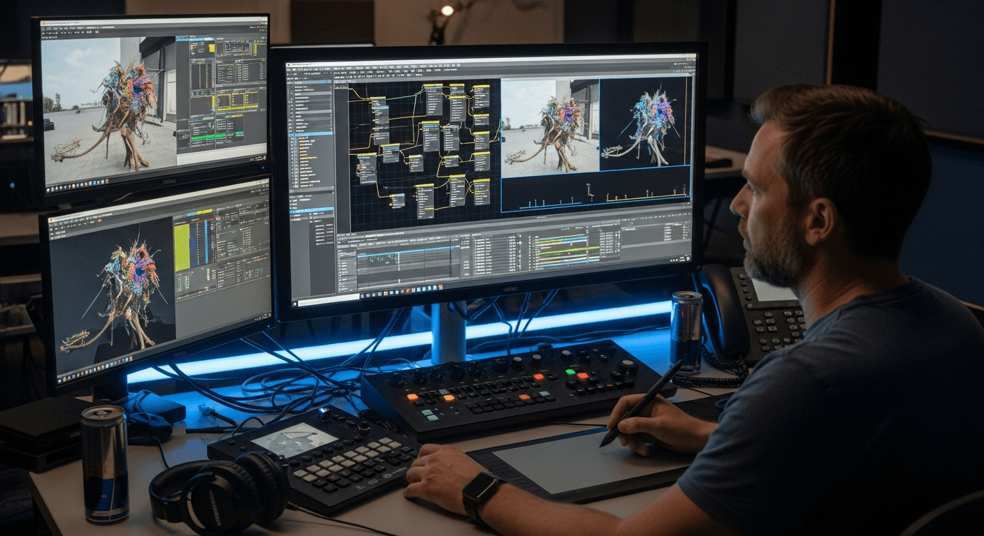VFX 아티스트가 AI 합성 결과물을 검수하는 포스트 프로덕션 작업실
