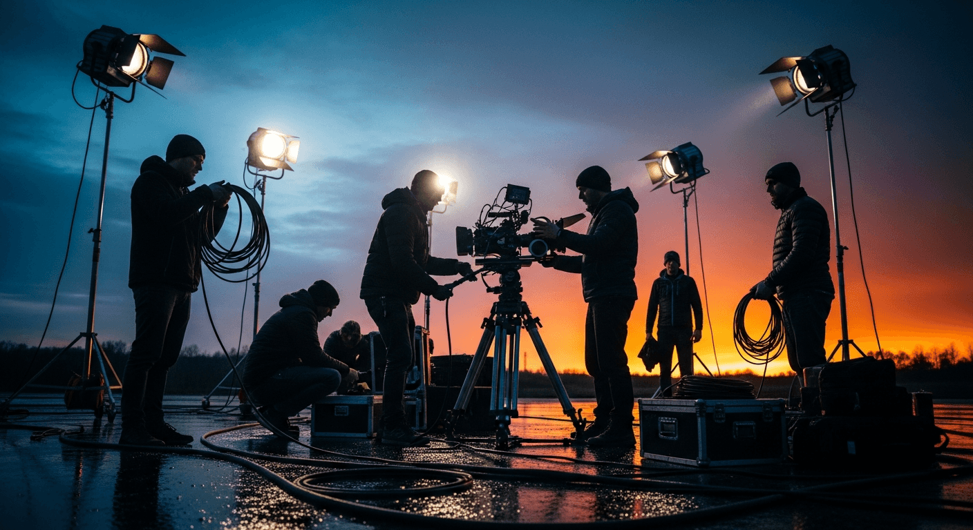 밤 촬영 현장에서 장비를 정리하는 영화 스태프 실루엣과 긴장감 있는 조명