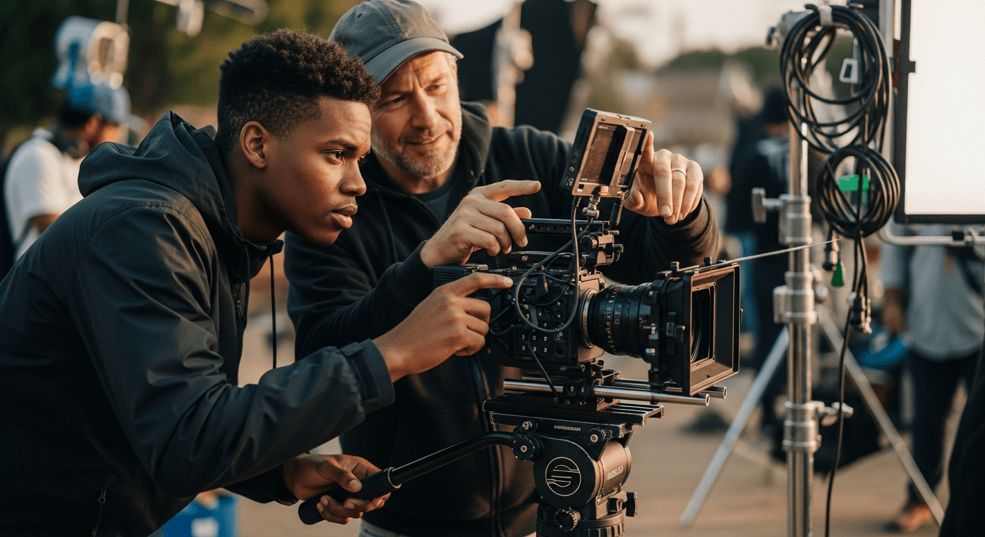 신입 스태프가 선배와 함께 카메라 앵글을 조정하며 현장에서 배우는 모습