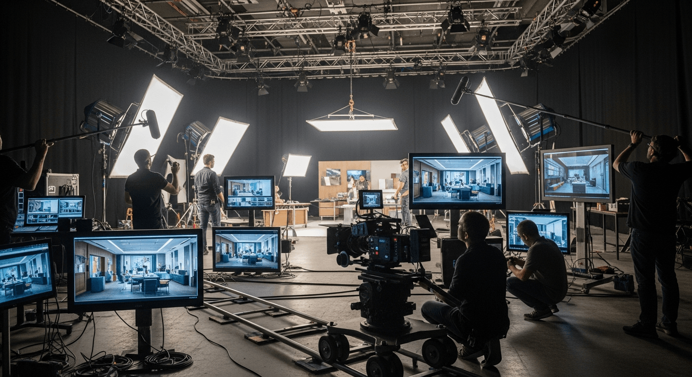 OTT 드라마 스튜디오 촬영 현장의 모니터와 카메라 장비