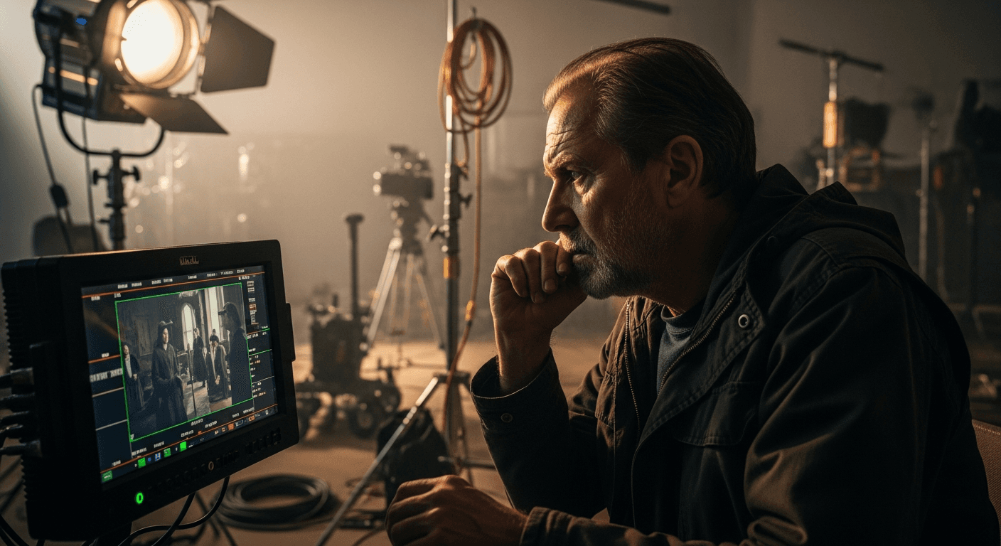 베테랑 영화감독이 촬영 현장 모니터 앞에서 집중하는 모습