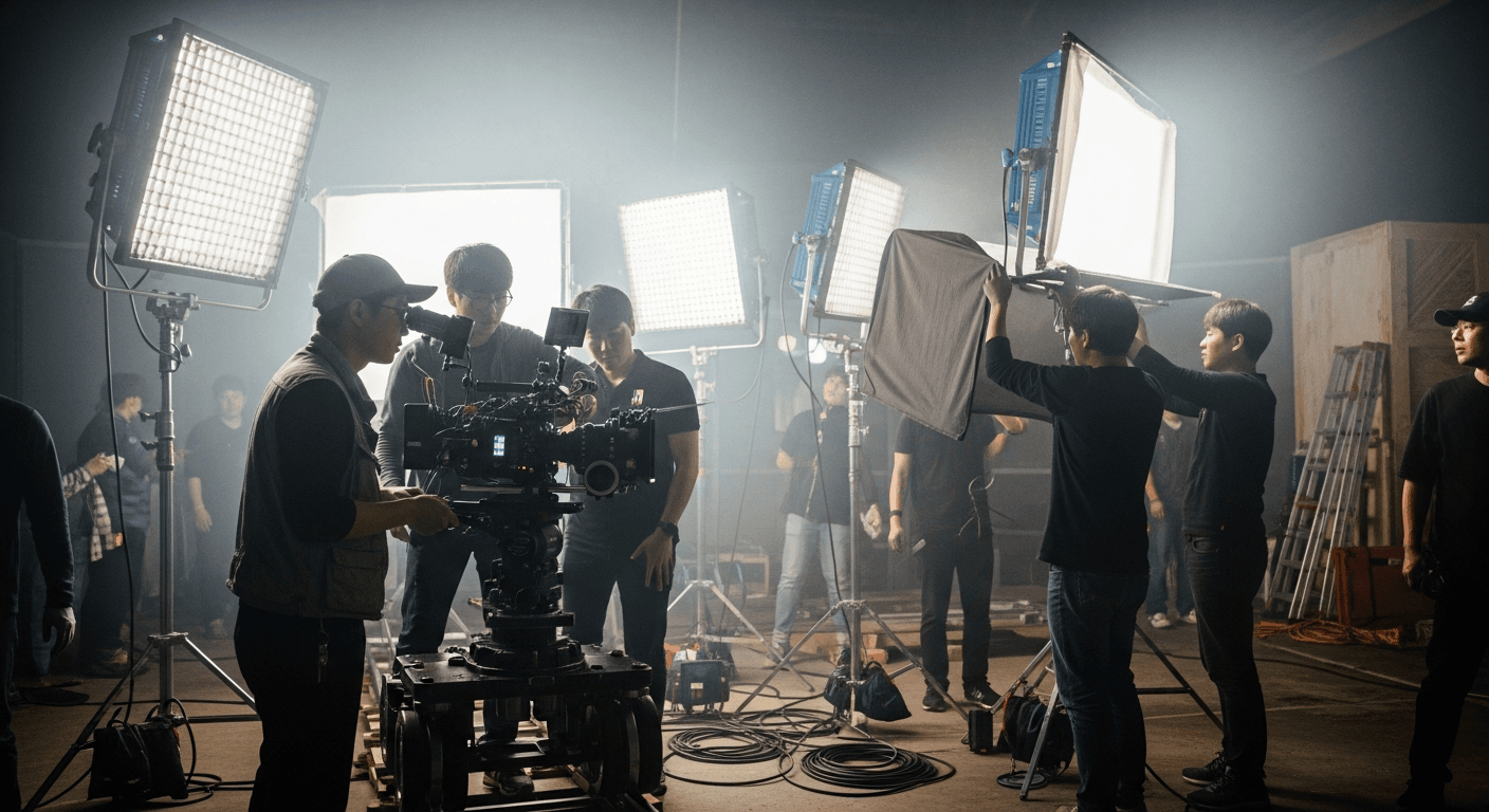 영화 촬영 현장에서 일하는 스태프들과 전문 장비
