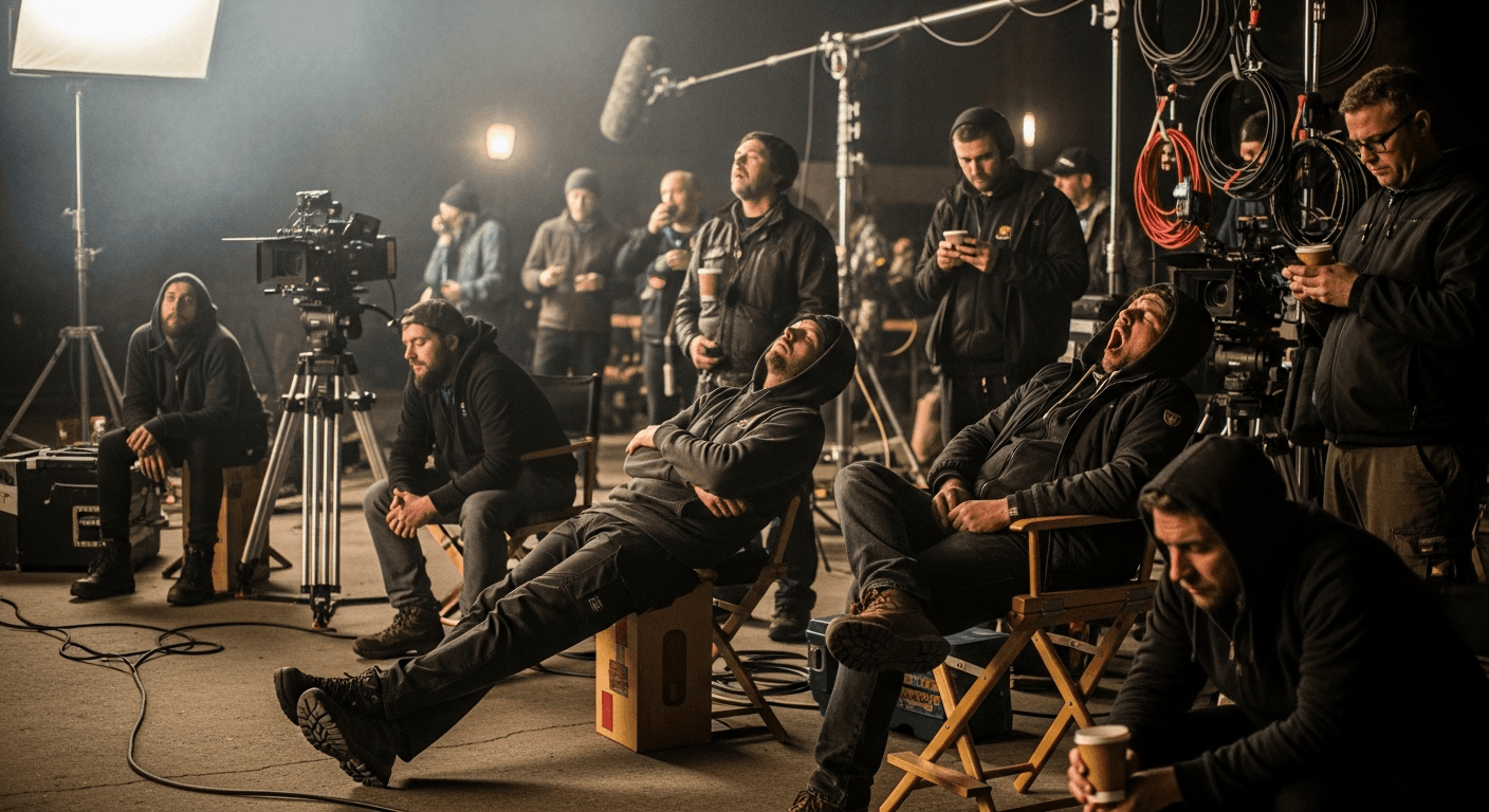 촬영 현장에서 긴 시간 대기 중인 영화 스태프들 — 영화 스태프 초과근무 실태