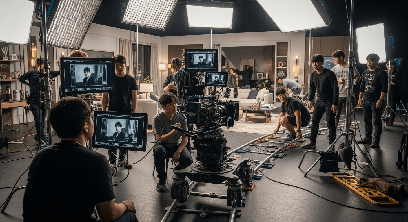 OTT 드라마 세트 촬영 현장에서 작업하는 한국 영상 제작 스태프