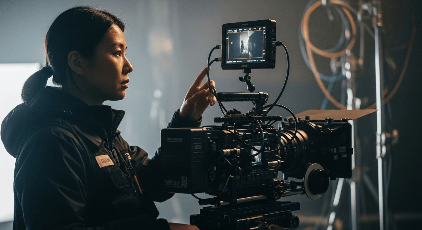 카메라 앞에서 모니터를 조작하는 촬영 스태프의 클로즈업