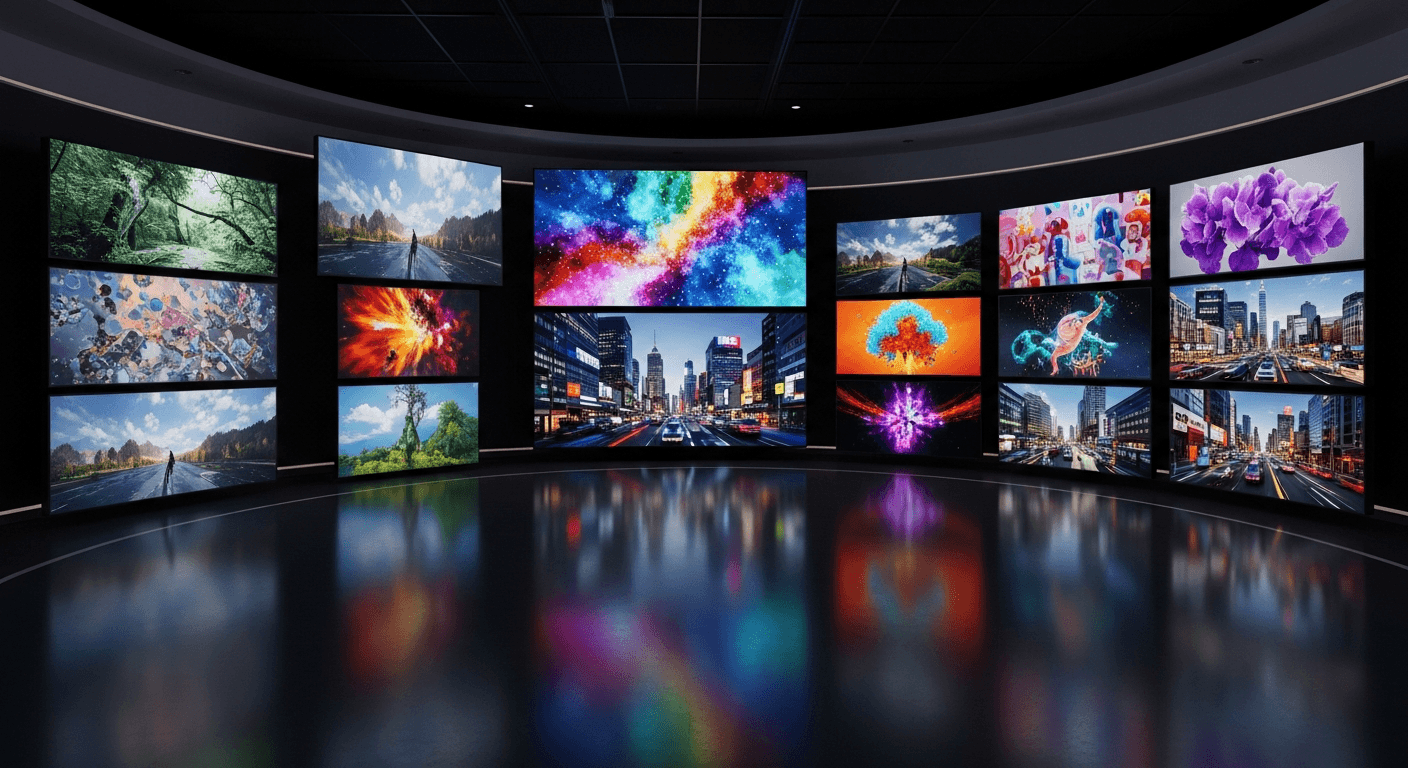 다양한 영상 디스플레이 화면이 나란히 배치된 콘셉트 공간