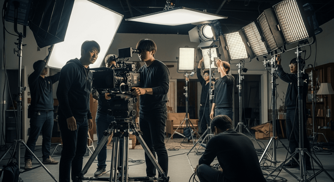 영화 촬영 현장에서 카메라 장비를 세팅하는 촬영 스태프들