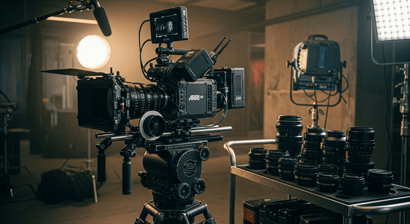 ARRI Alexa와 RED 카메라 장비가 준비된 영화 촬영 현장