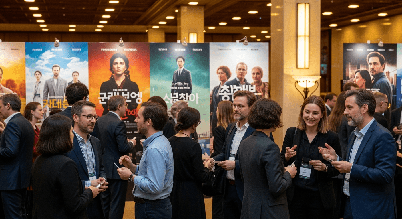 영화 업계 네트워킹 행사에서 스태프들이 명함을 교환하는 장면