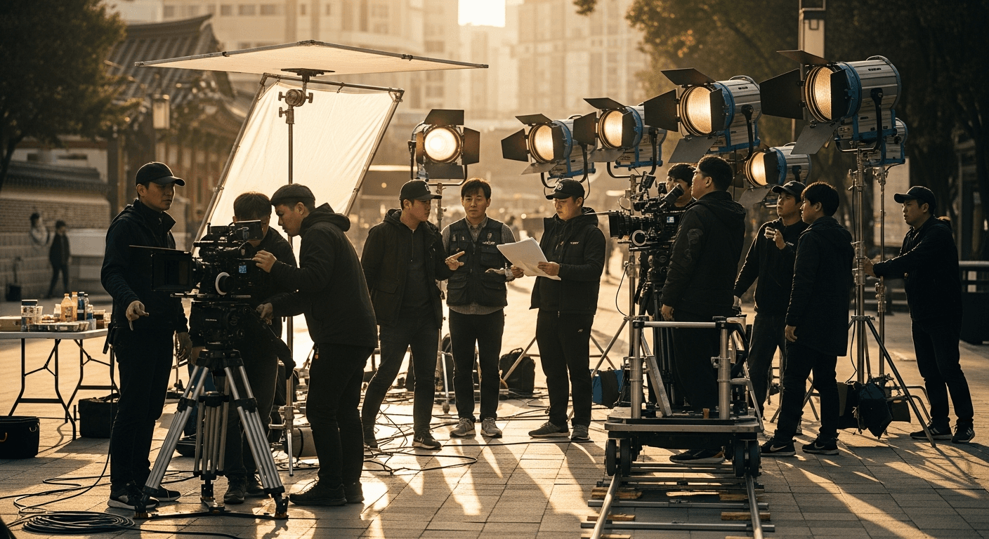 영화 촬영 현장에서 카메라와 조명을 점검하는 스태프들의 모습