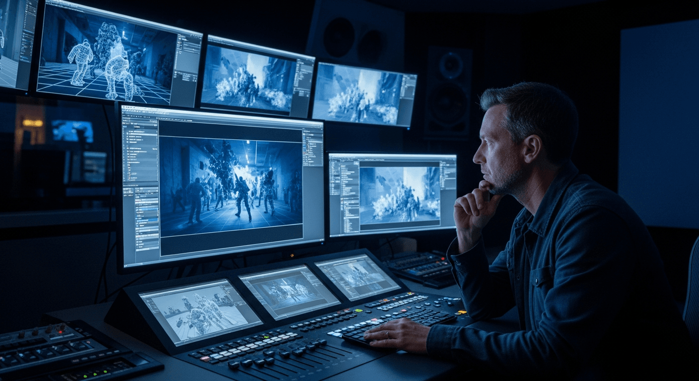 AI 생성 영상 프리비즈를 모니터로 확인하는 연출자