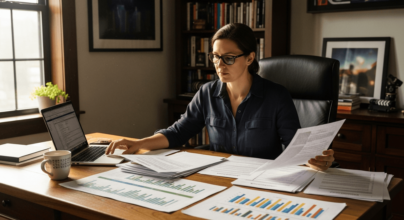 지원사업 서류를 검토하는 영화 제작자의 책상 위 노트북과 서류들