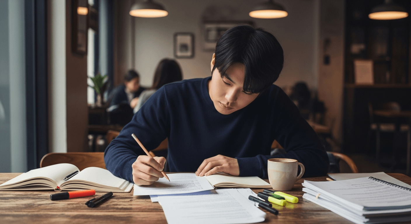 신인 작가가 카페에서 시나리오를 집중해서 작성하는 모습
