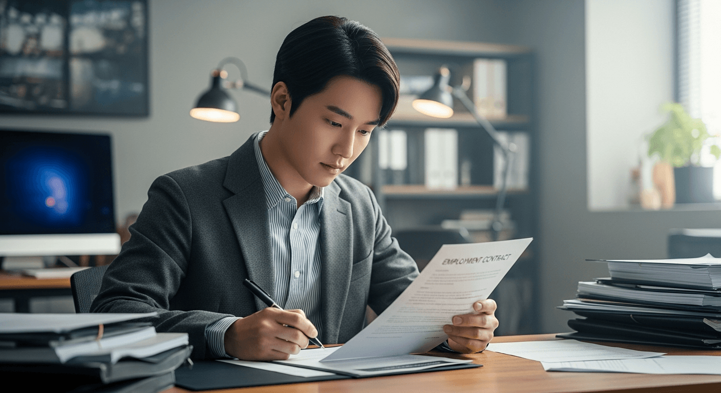영화 스태프가 계약서를 검토하는 장면, 촬영 현장 대기실