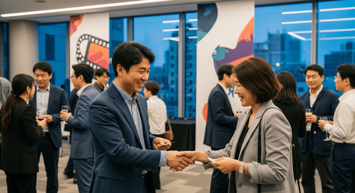 영화 업계 종사자들이 OTT 구직 전략을 논의하는 네트워킹 장면