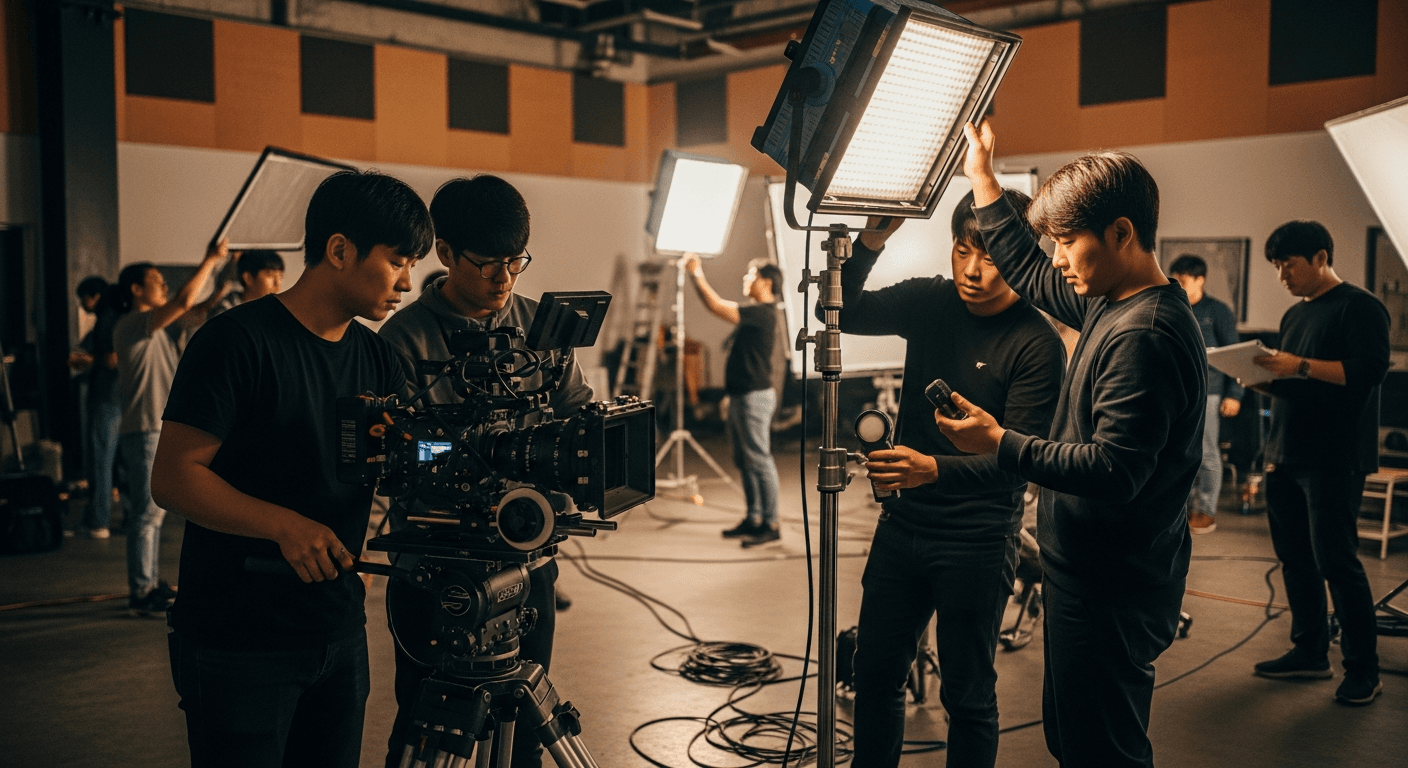 영화 현장에서 촬영 장비를 점검하는 촬영부 스태프들과 조명 세팅 작업 장면