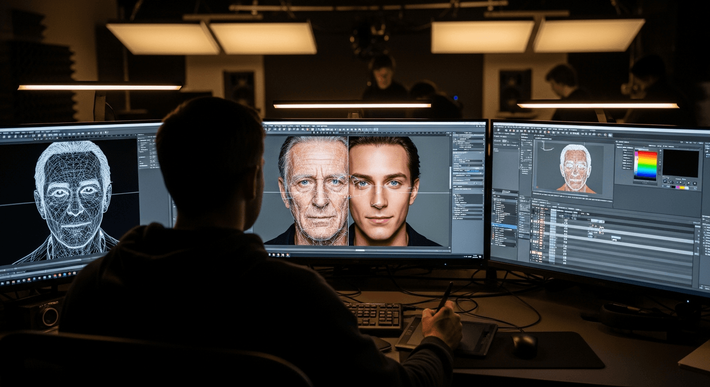 영화 후반 제작 스튜디오에서 AI 디에이징 작업을 하는 VFX 아티스트