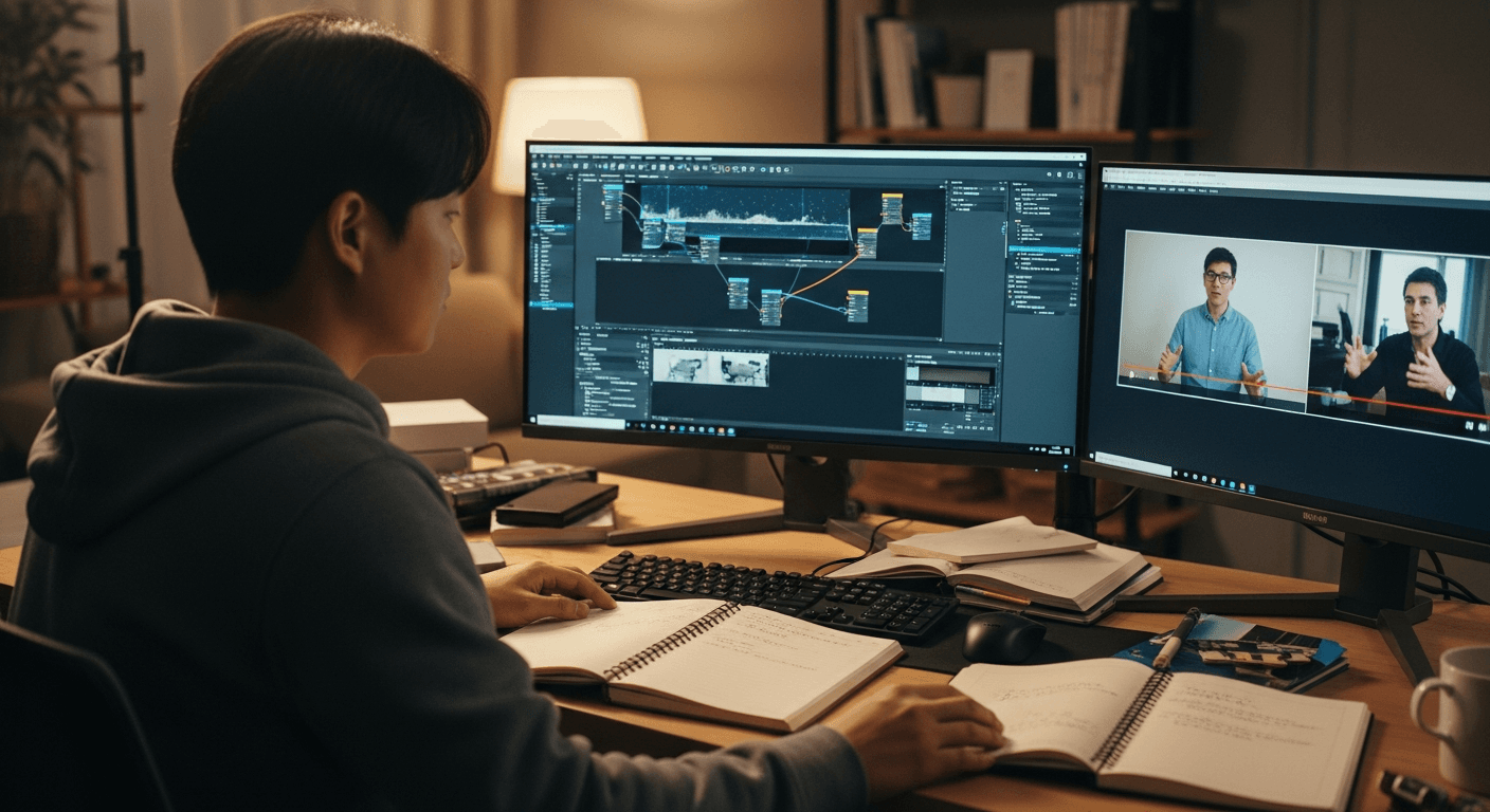 AI VFX 도구를 학습하는 영화 후반 제작 스태프의 작업 환경