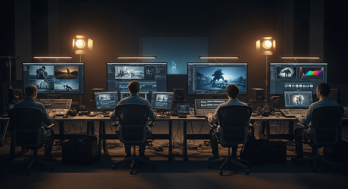 촬영감독, 편집자, VFX 아티스트, 컬러리스트 4명이 AI 보조 화면과 함께 각자의 워크스테이션에서 작업하는 시네마틱한 장면